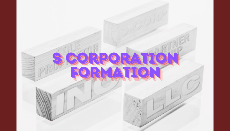Blocks labeled S-Corp, Sole Proprietor, Partnership, LLC, INC, with the title "S Corporation Formation" overlayed.