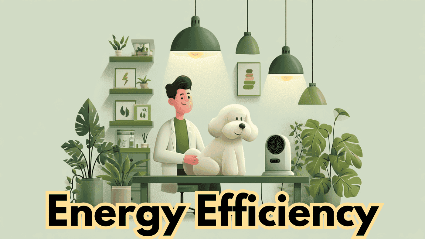 Illustration highlighting best energy rates for dog grooming businesses with eco-friendly lighting, a groomer, a fluffy white dog, and sustainable salon decor.