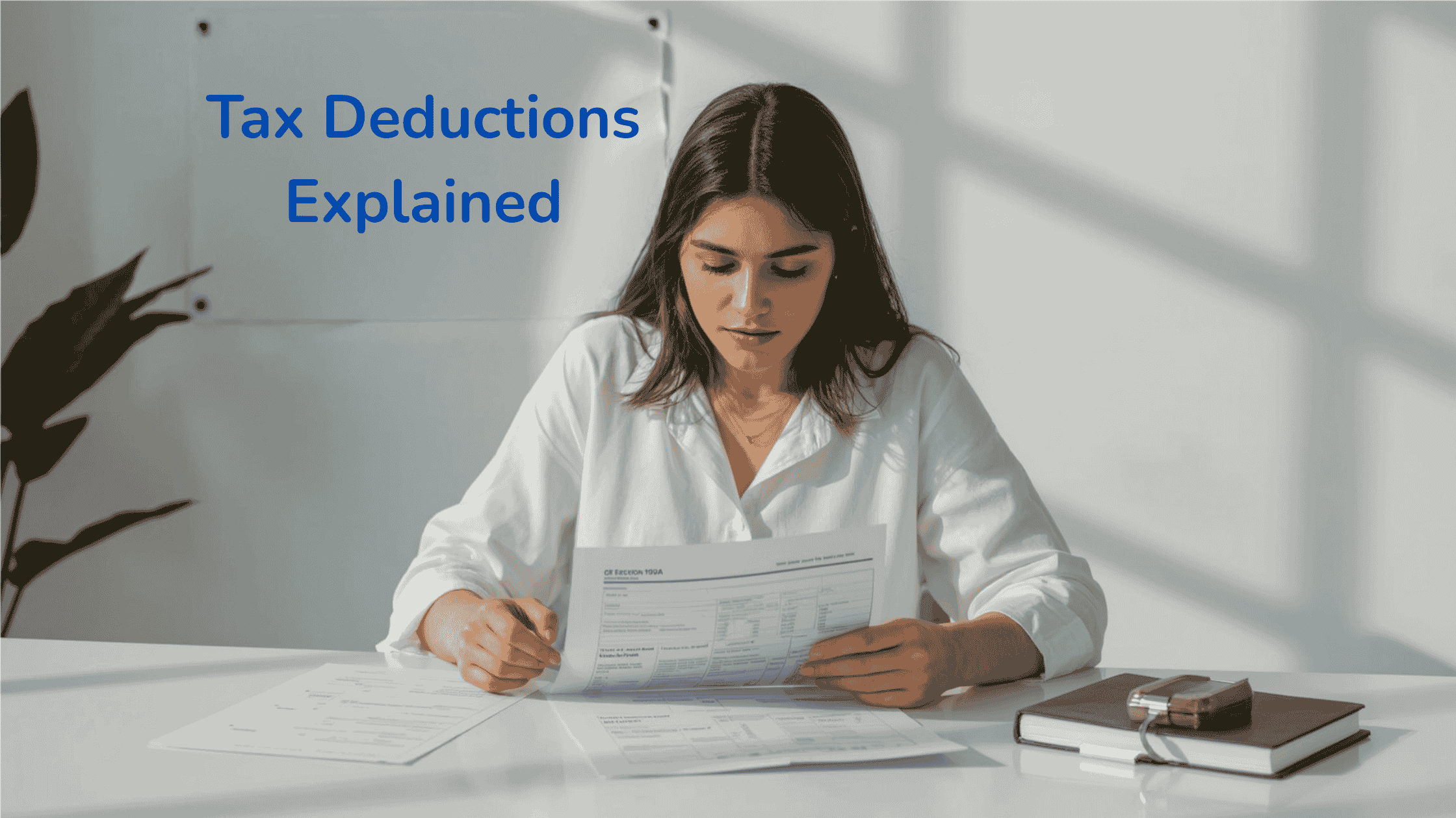A woman studying printed tax documents at a desk, symbolizing CPA Exam Tax Deductions Explained.