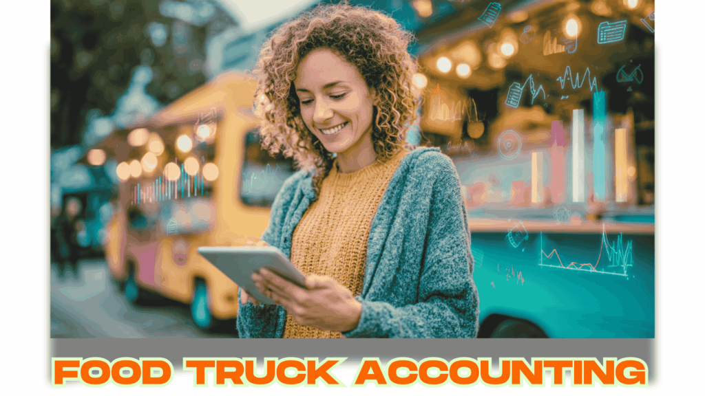 Smiling woman using a tablet with colorful charts, standing in front of a food truck — representing mobile food truck accounting.