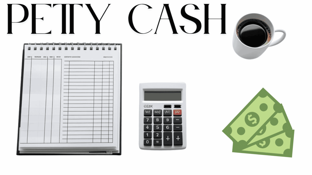 Petty cash logbook, calculator, dollar bills, and coffee on a desk — visual concept for petty cash reconciliation