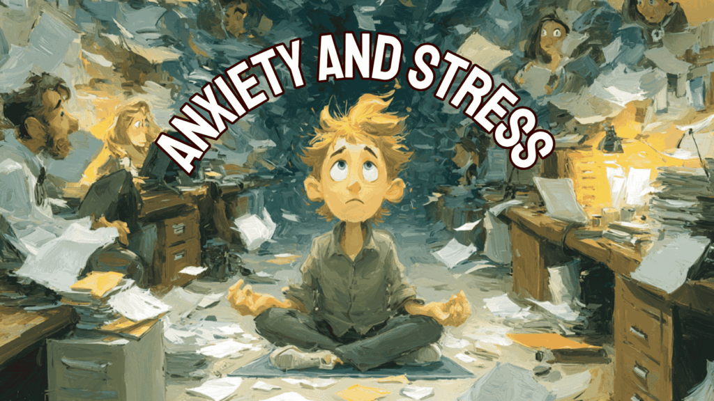 An overwhelmed office worker sits cross-legged on the floor surrounded by towering stacks of paper and stressed colleagues, symbolizing anxiety and stress in the workplace.