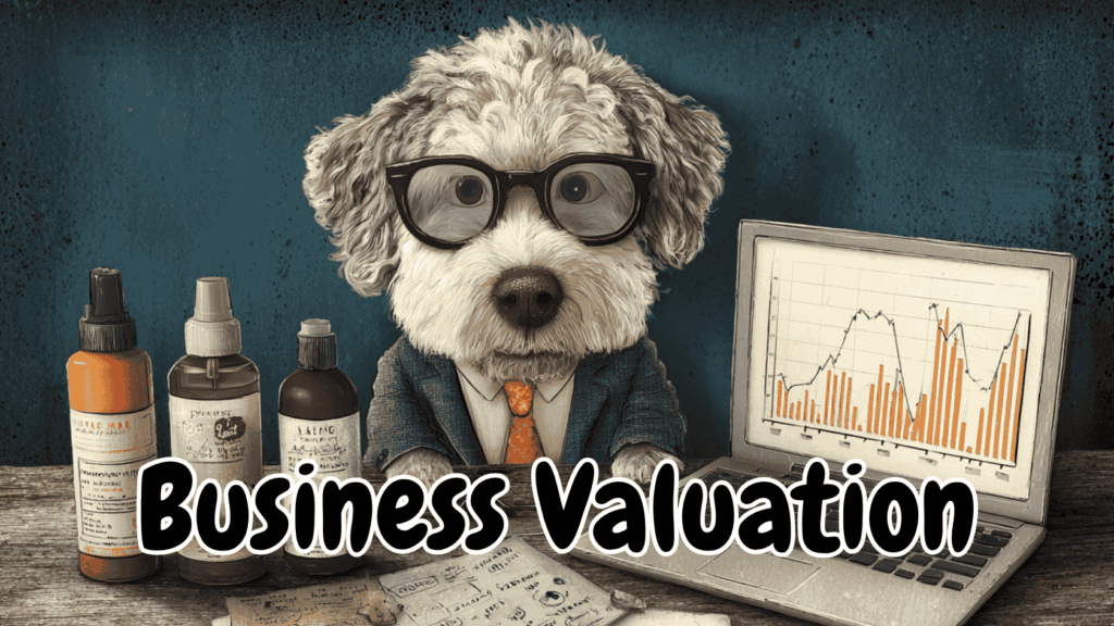 Cartoon dog in a suit with glasses analyzing business valuation charts next to pet grooming products on a desk. Depicting how to value a pet grooming business.