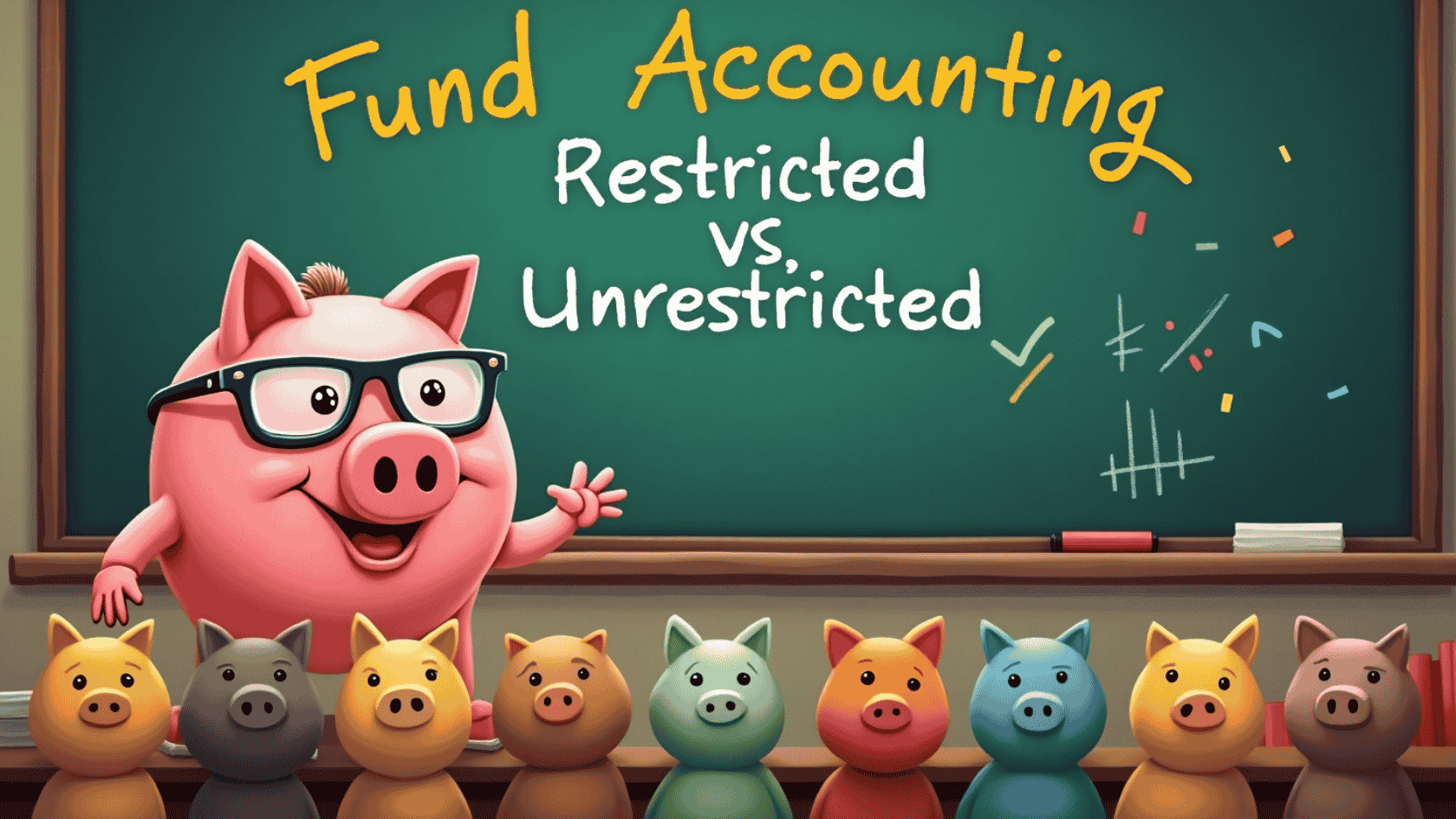 A cheerful, bespectacled cartoon pig stands in front of a chalkboard that says "Fund Accounting: Restricted vs. Unrestricted." Below, a row of smaller, colorful piggy banks are lined up. This image visually represents the concept of master fund accounting and its key distinctions.