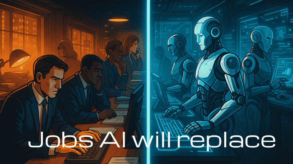 Split office with humans on one side and AI robots on the other, illustrating automation and the concept of jobs AI will replace