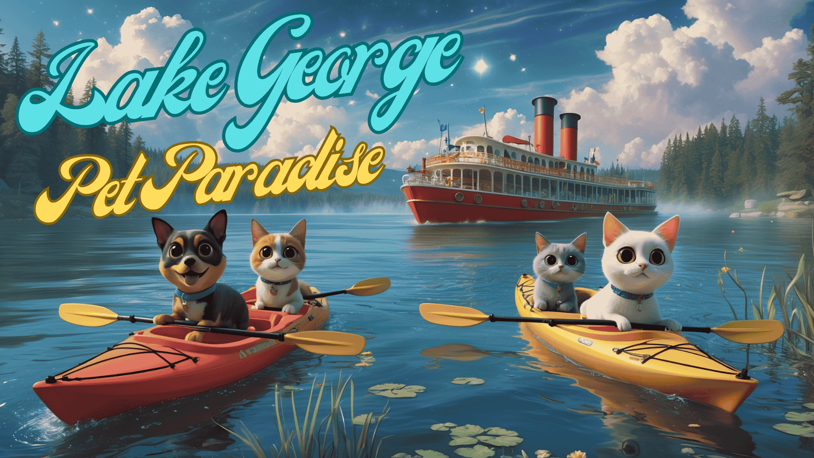 Cartoon-style illustration of two dogs and two cats kayaking on Lake George with the Minnie-Ha-Ha steamboat in the background, promoting Lake George pet businesses in a scenic Adirondack setting.
