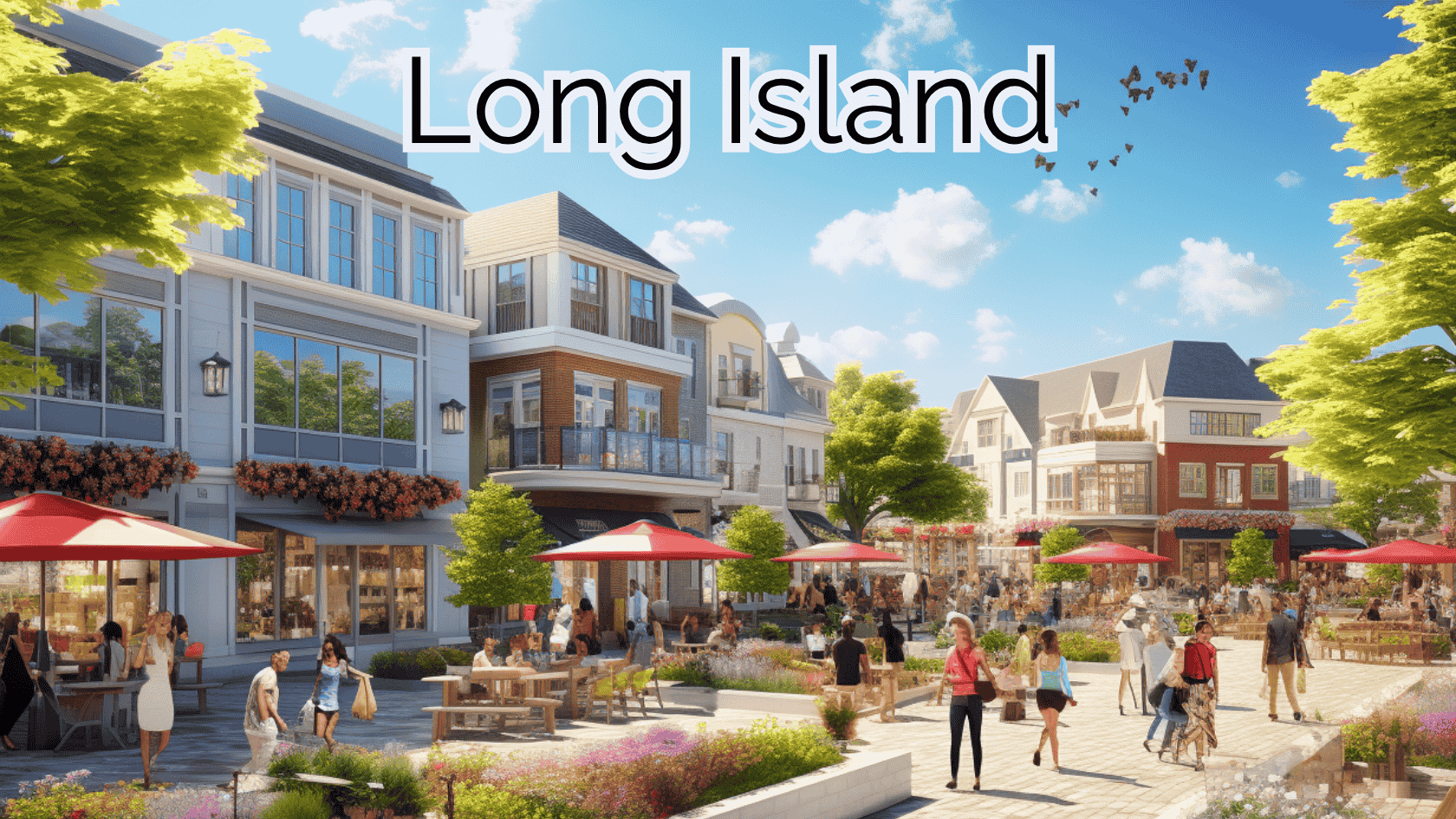People enjoying a vibrant Long Island town center, showcasing the thriving industries in Long Island such as retail, real estate, and tourism.