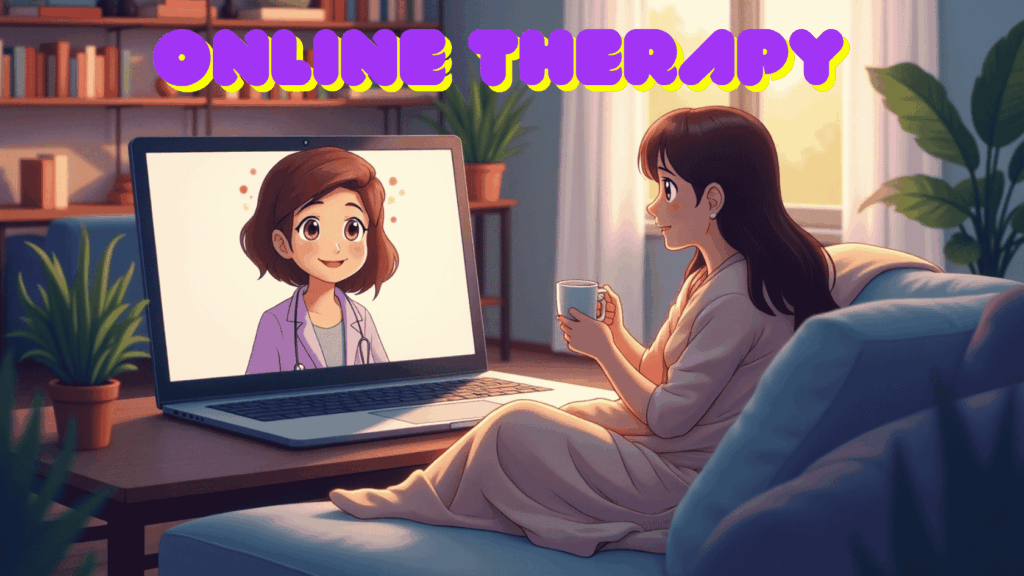 Woman attending online therapy session on a laptop in a cozy home setting, representing a remote therapy business.