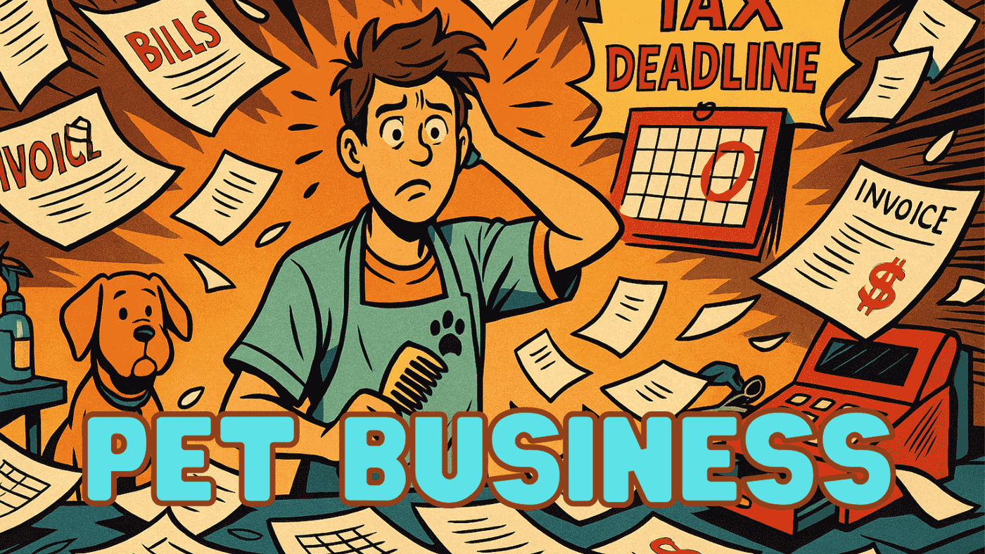 Comic-style illustration of a stressed pet groomer surrounded by invoices, bills, and tax deadline reminders—representing the chaos of poor bookkeeping for pet businesses.