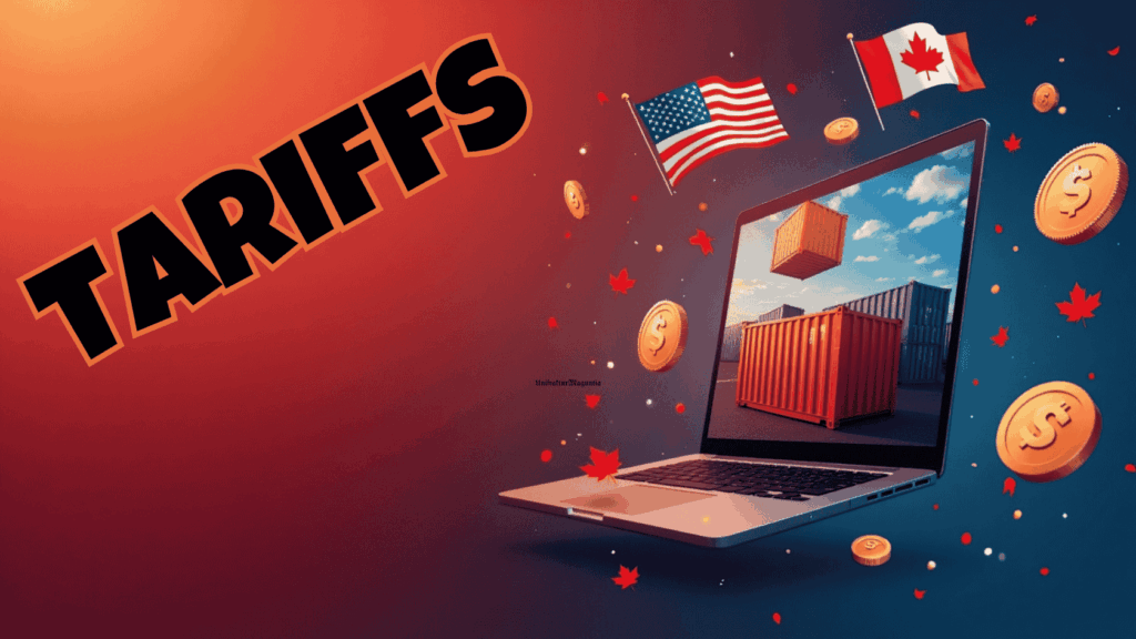 Graphic representation of the accounting treatment of tariffs in Canada, featuring a shipping container emerging from a laptop, U.S. and Canadian flags, dollar coins, and maple leaves to illustrate cross-border trade complexity.