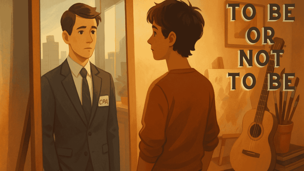 Young person debating their future while reflecting on the accounting career outlook in 2025, shown through a mirror image of themselves as a CPA.