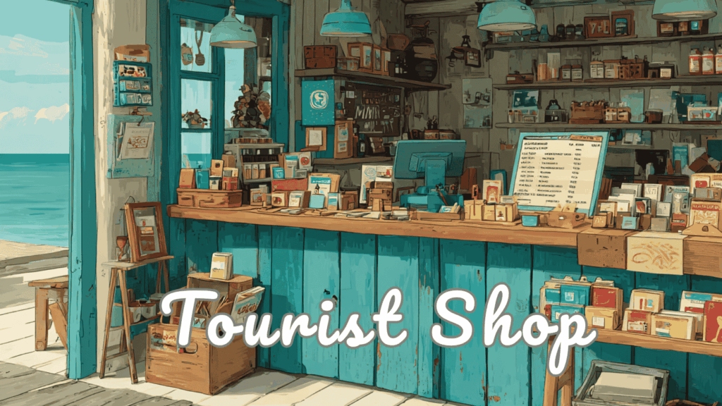 A vibrant seaside tourist gift shop with handmade products and a point-of-sale system, symbolizing small business and tourist shop bookkeeping