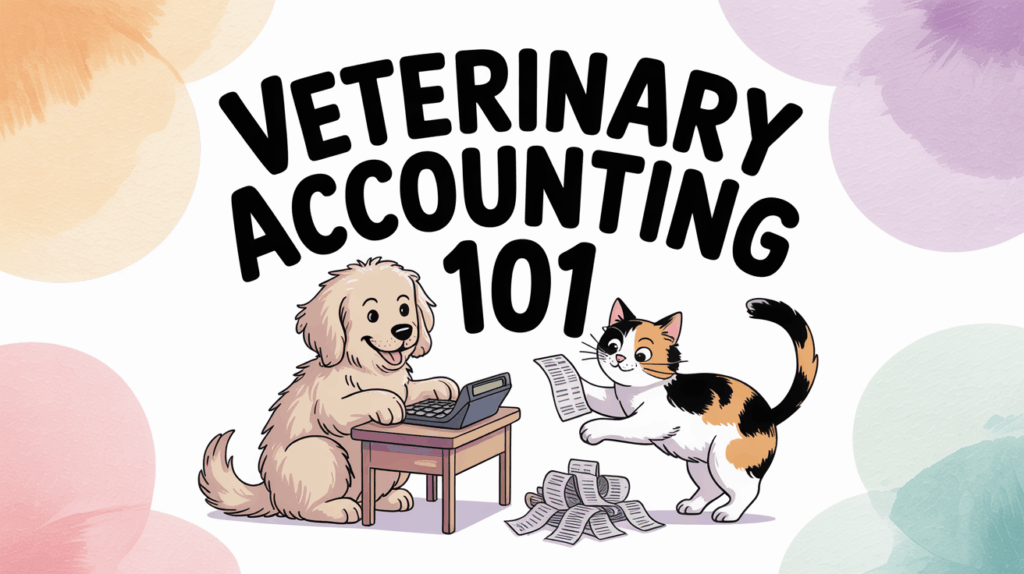 A playful illustration of a dog using a laptop and a cat holding receipts, symbolizing veterinary clinic accounting for pet businesses.