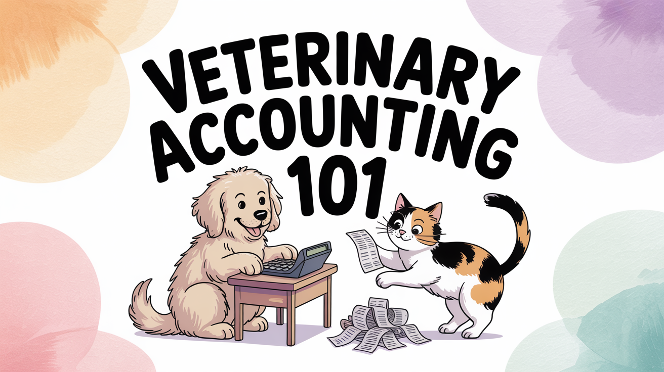 A playful illustration of a dog using a laptop and a cat holding receipts, symbolizing veterinary clinic accounting for pet businesses.