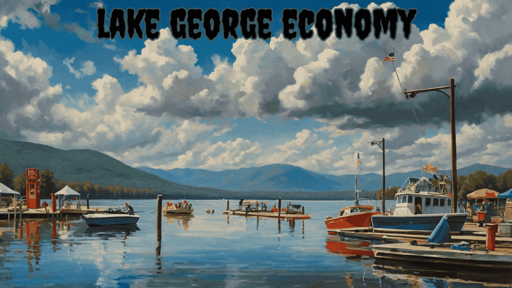 Scenic view of Lake George with boats docked under dramatic clouds, symbolizing the seasonal highs and lows of the Lake George economy.