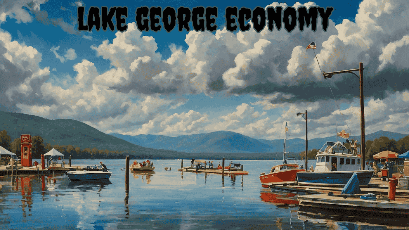 Scenic view of Lake George with boats docked under dramatic clouds, symbolizing the seasonal highs and lows of the Lake George economy.