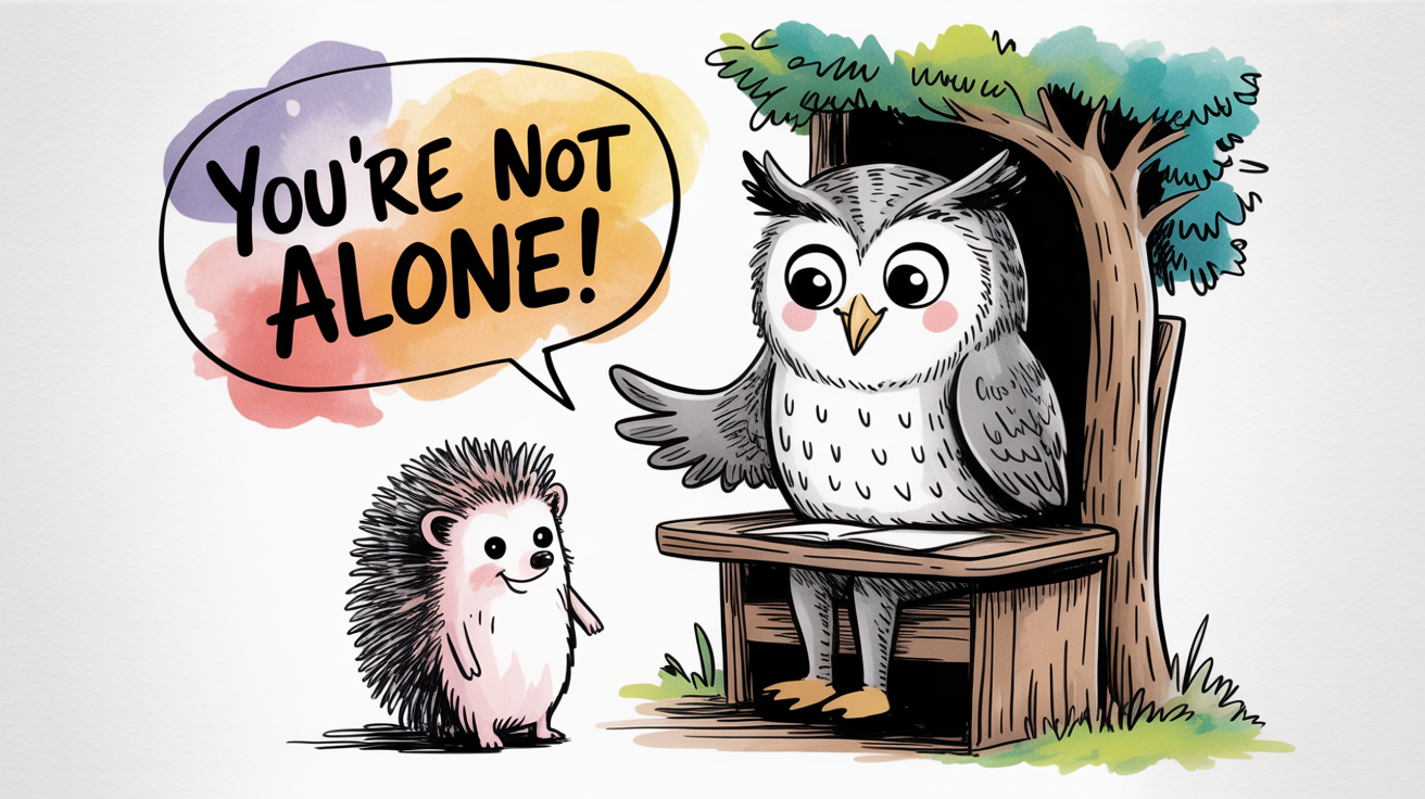 Cartoon owl comforting a hedgehog with a speech bubble that says "You're Not Alone" — symbolizing support and connection in the mental health counseling business.