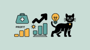 Vector illustration showing veterinary accounting success: medical bag, profit graphs, and a black cat with a lightbulb representing solutions to veterinary accounting mistakes.