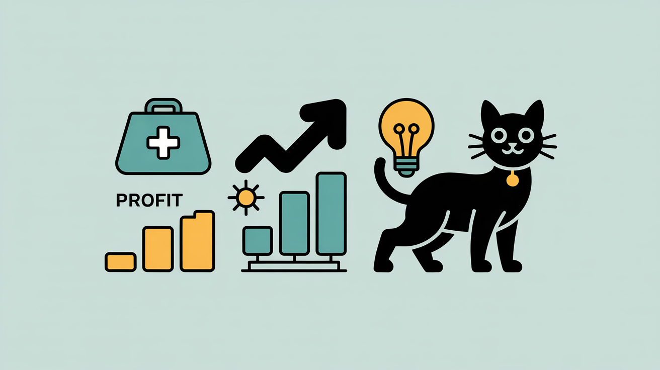 Vector illustration showing veterinary accounting success: medical bag, profit graphs, and a black cat with a lightbulb representing solutions to veterinary accounting mistakes.