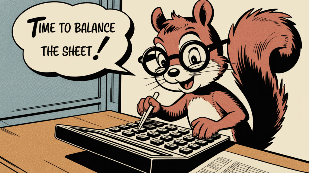 Cartoon squirrel accountant with glasses using a calculator, saying "Time to balance the sheet!" — illustrating corporate health indicators in a fun, retro comic style.