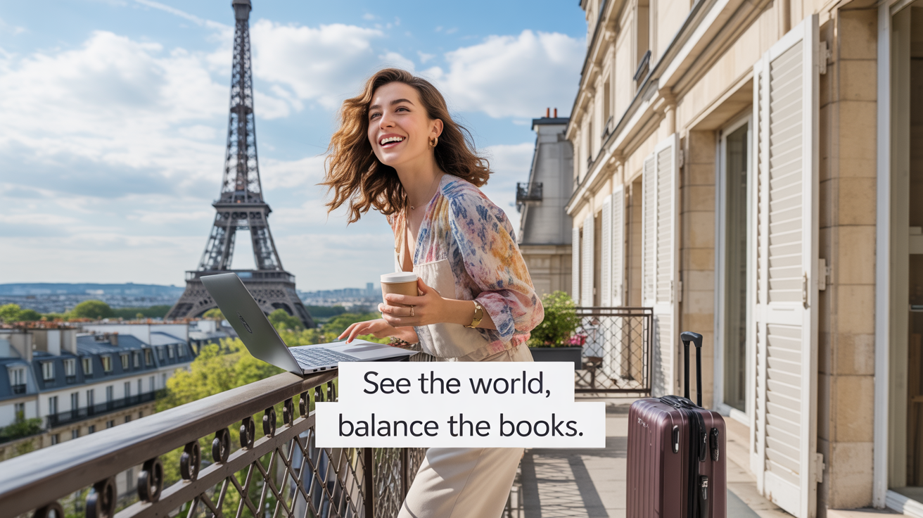 A smiling young woman accountant working on a laptop with a coffee on a Paris balcony, Eiffel Tower in the background, symbolizing global and best accounting careers 2025.