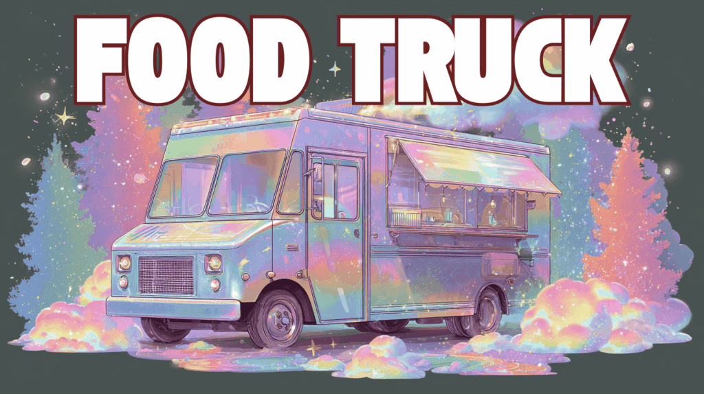 Colorful food truck in a dreamy rainbowcore style with pastel clouds and trees, ideal for illustrating POS features for food trucks.