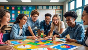 Students collaborating on gamification in accounting education activity in a classroom, highlighting engagement and retention through interactive learning.