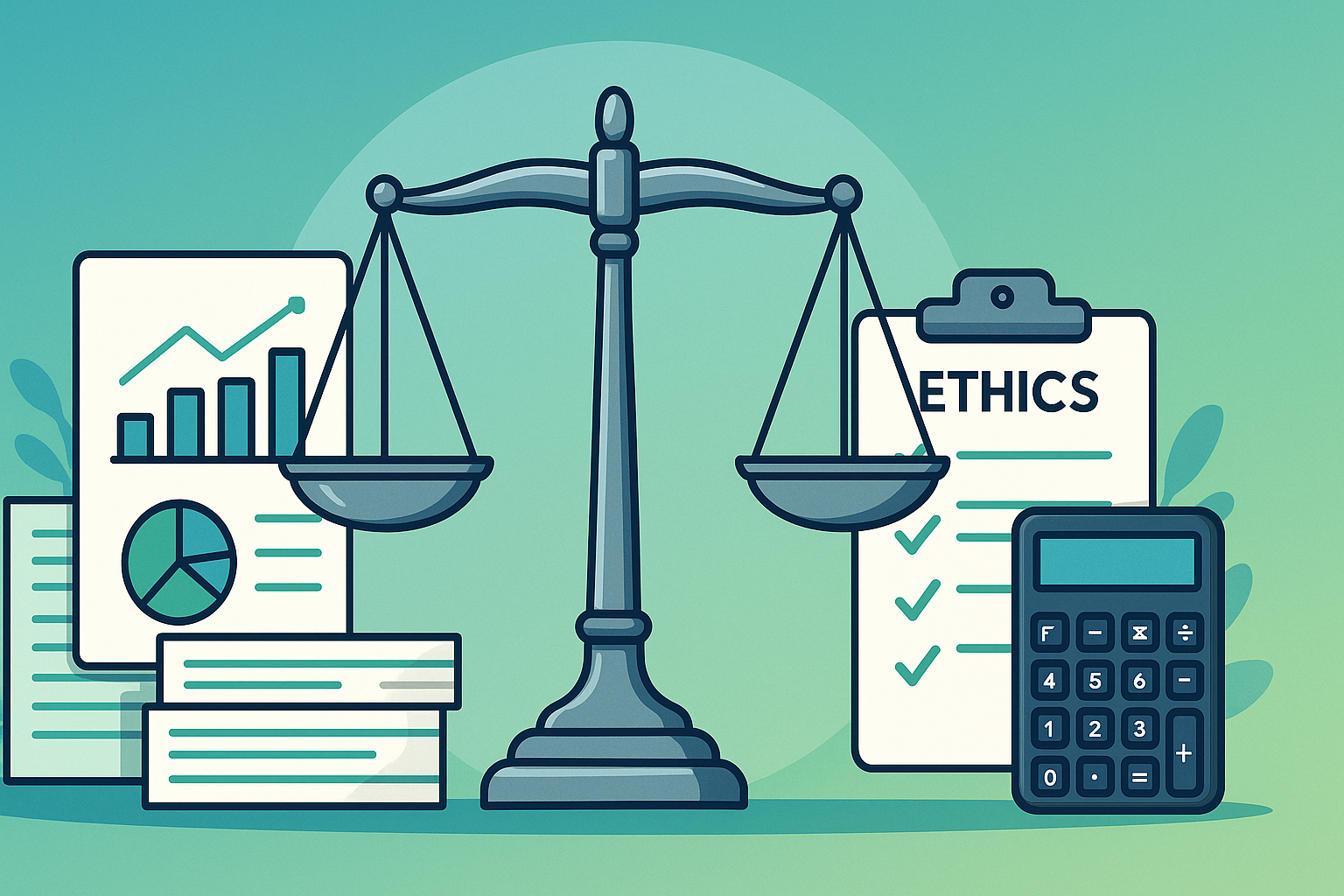 Balanced scale with calculator, financial reports, and ethics in accounting checklist symbolizing ethics in accounting