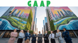 Business professionals look up at a futuristic mural representing the history of GAAP, with eco-friendly skyscrapers and colorful skies symbolizing accounting progress.
