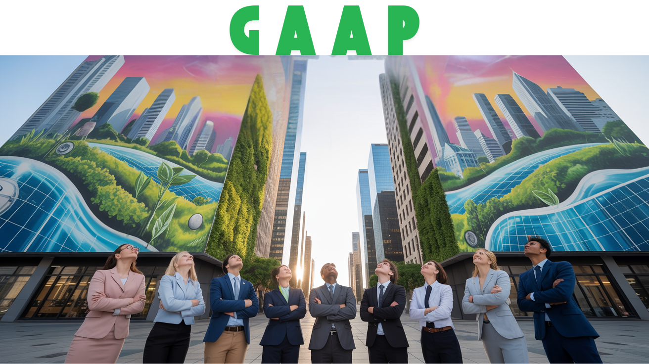 Business professionals look up at a futuristic mural representing the history of GAAP, with eco-friendly skyscrapers and colorful skies symbolizing accounting progress.
