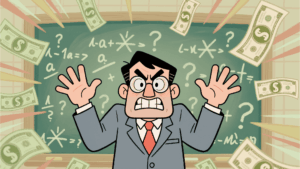 Cartoon of a frustrated accountant surrounded by flying dollar bills and mathematical symbols on a chalkboard, representing confusion during the bank reconciliation process.