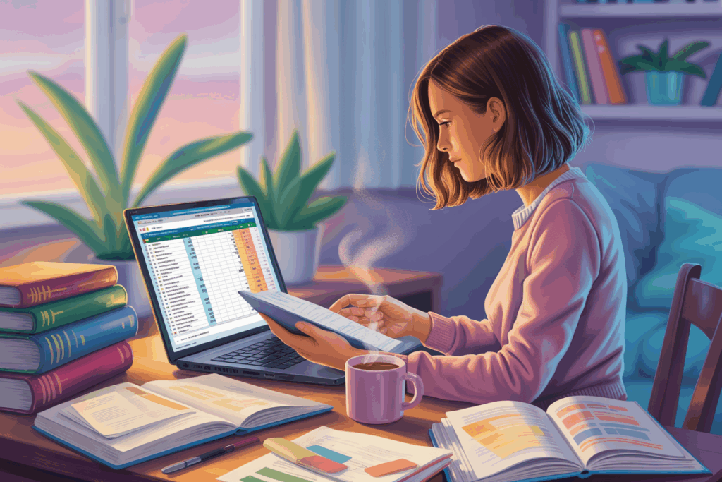 A college student studying an income statement on a laptop with spreadsheets, textbooks, and coffee, representing learning how to measure profit in accounting.