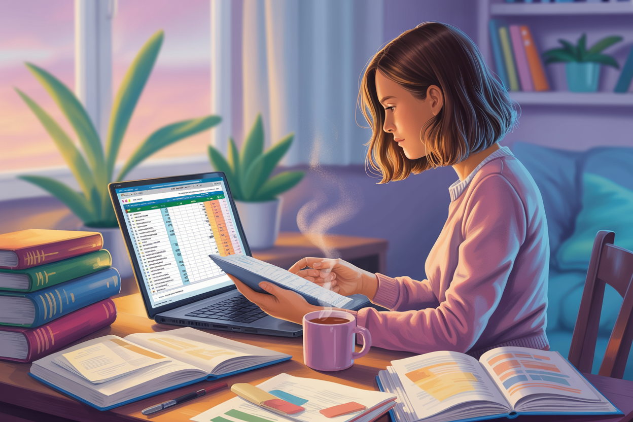 A college student studying an income statement on a laptop with spreadsheets, textbooks, and coffee, representing learning how to measure profit in accounting.