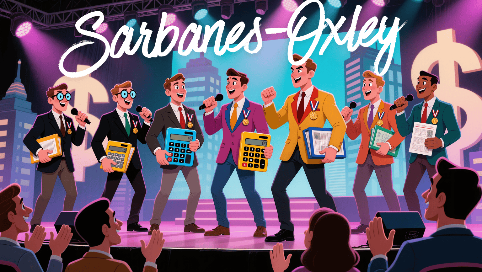 Illustration of accountants presenting on stage with calculators and microphones under the title “Sarbanes-Oxley,” symbolizing the importance of internal controls and financial accountability under the Sarbanes-Oxley Act.