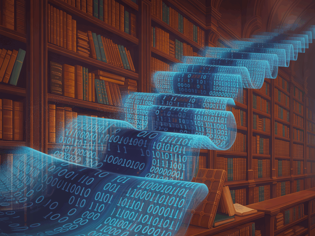 Abstract concept of the accounting cycle represented by flowing binary data through a library of financial records, symbolizing digital accounting processes.