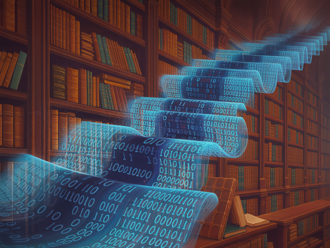 Abstract concept of the accounting cycle represented by flowing binary data through a library of financial records, symbolizing digital accounting processes.