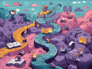 Conceptual illustration of a winding path through colorful terrain with books, ledgers, and candles symbolizing the process of adjusting entries in accounting—refining financial records for accuracy and compliance at period end.