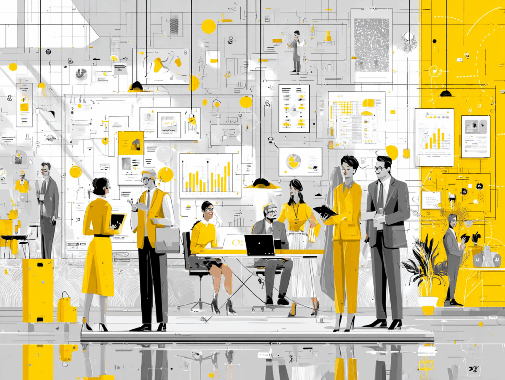 Illustration of accountants and auditors collaborating in an office filled with charts and data dashboards, representing internal controls in accounting systems that safeguard assets, ensure accuracy, and promote ethical financial reporting.