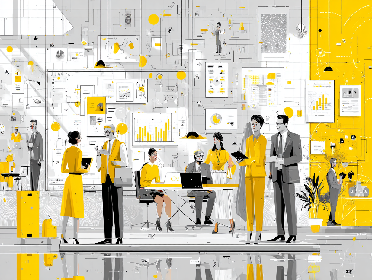 Illustration of accountants and auditors collaborating in an office filled with charts and data dashboards, representing internal controls in accounting systems that safeguard assets, ensure accuracy, and promote ethical financial reporting.