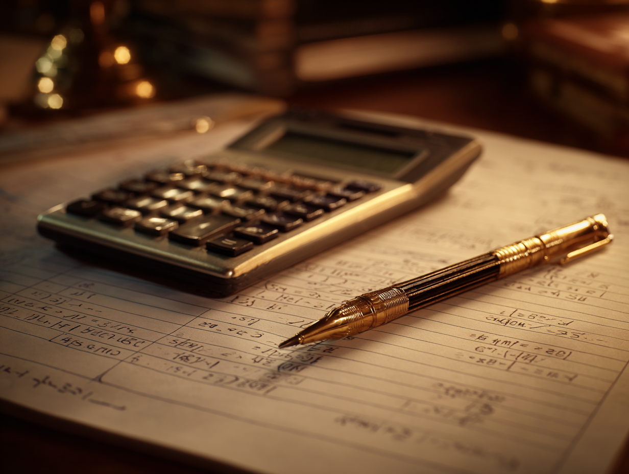 Golden pen and calculator resting on an accounting ledger with handwritten journal entries in accounting.