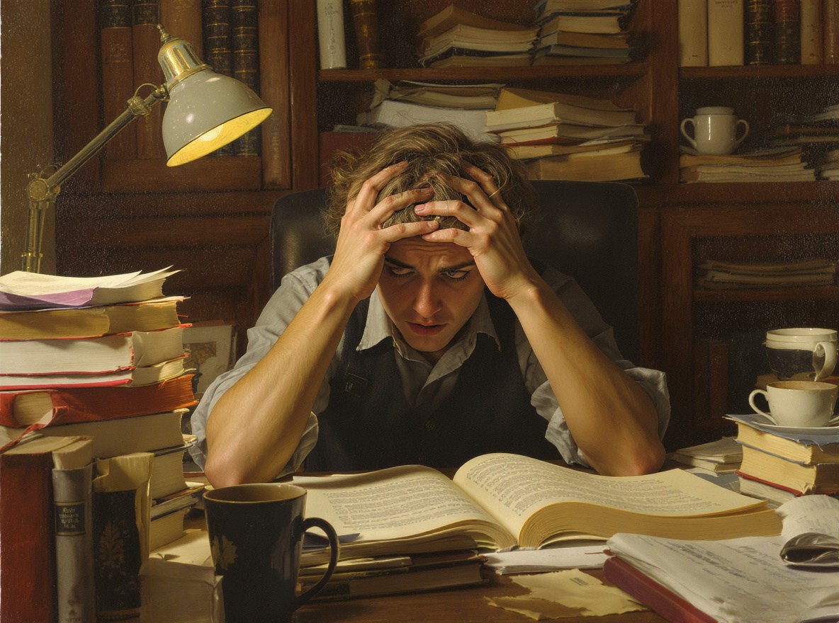 A stressed student surrounded by stacks of books and notes, symbolizing the student challenges faced when balancing academic workload, study pressure, and personal responsibilities.
