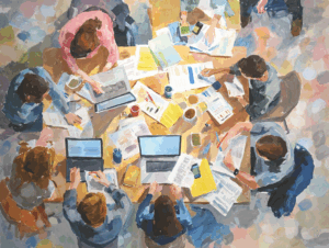 Students collaborating at a table with laptops, papers, and coffee cups, symbolizing teamwork in understanding financial statements