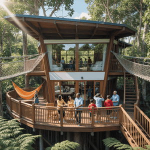 Modern Airbnb property surrounded by nature, showing guests enjoying a luxury treehouse — perfect example of how to start an Airbnb business and manage Airbnb rentals successfully.