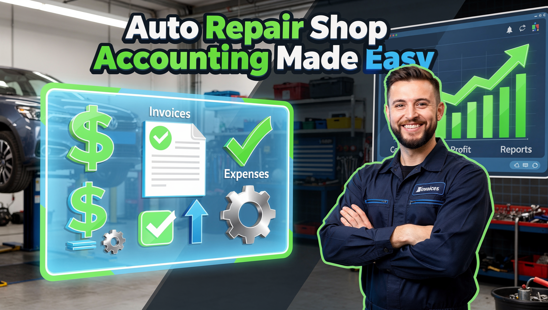 Mechanic standing beside a glowing accounting dashboard with profit charts and financial icons for auto repair shop accounting.