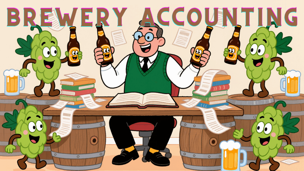 Cartoon accountant sitting at a wooden table surrounded by smiling hops and beer bottles, symbolizing brewery accounting, bookkeeping, and craft beer tax compliance.