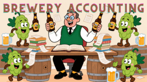 Cartoon accountant sitting at a wooden table surrounded by smiling hops and beer bottles, symbolizing brewery accounting, bookkeeping, and craft beer tax compliance.