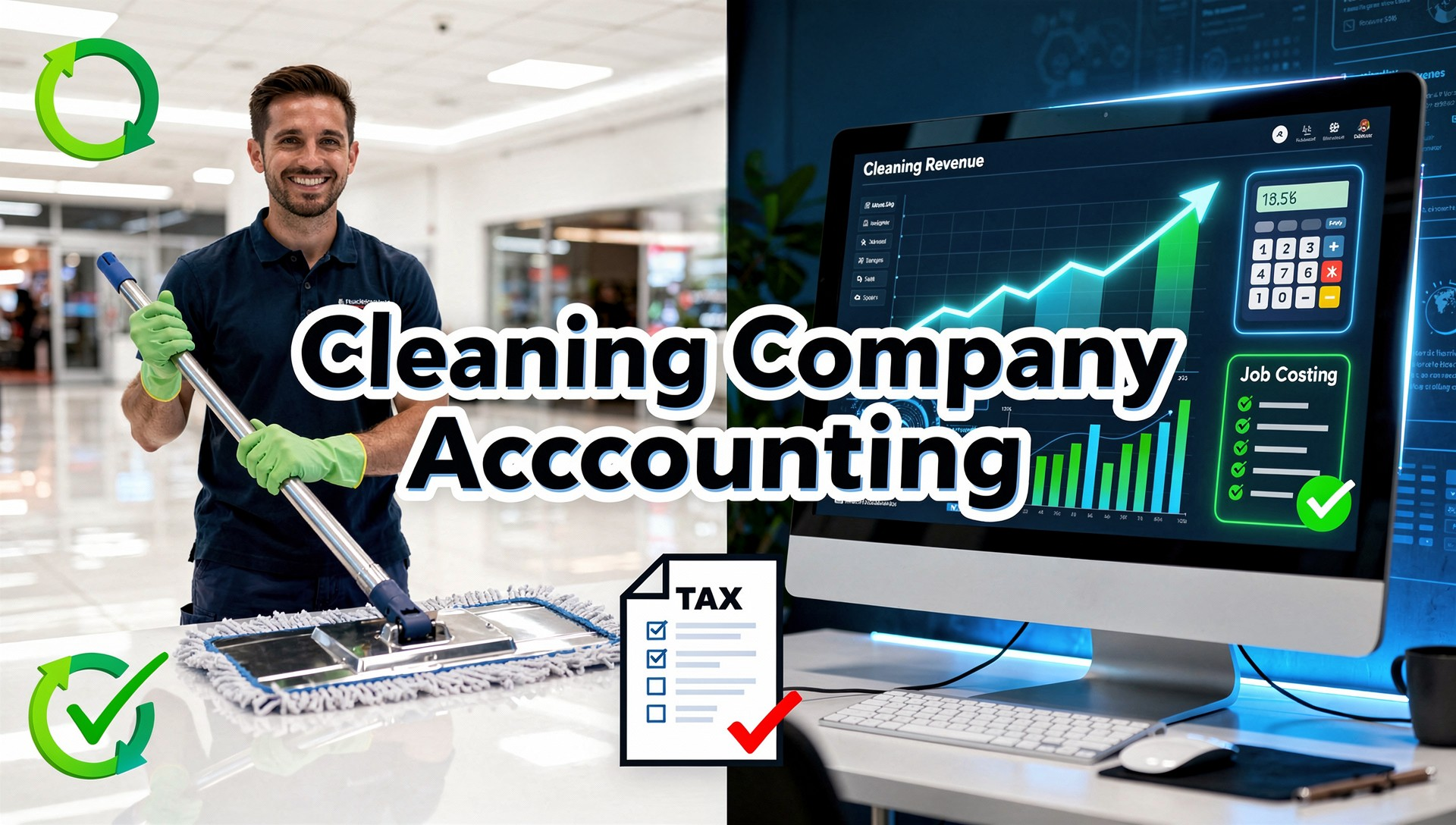 Cleaning Company Accounting professional with mop next to a digital accounting dashboard featuring job costing, recurring revenue, and tax deduction icons.