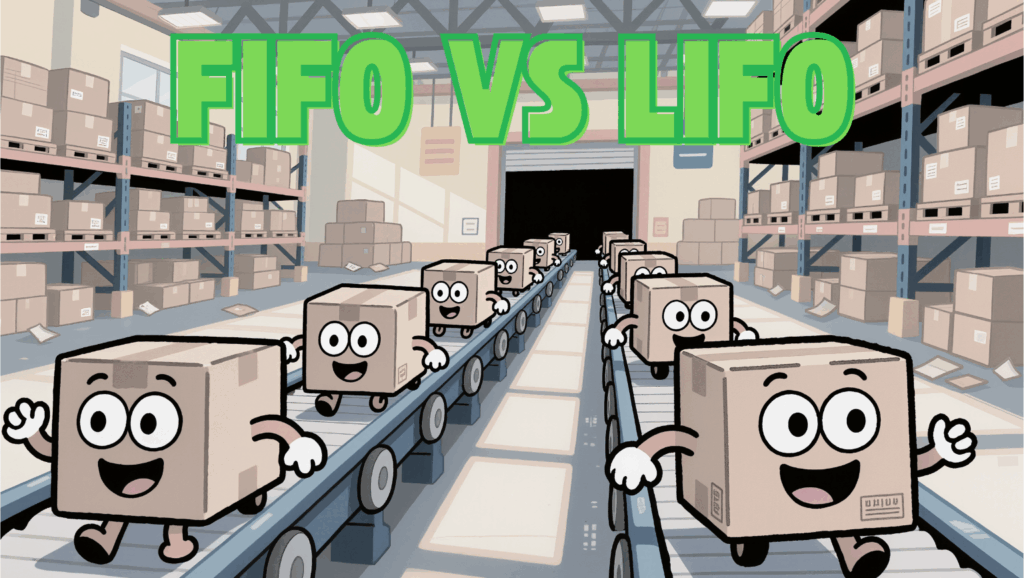 Cartoon boxes moving on a warehouse conveyor belt representing FIFO vs LIFO inventory accounting methods for small businesses.