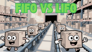 Cartoon boxes moving on a warehouse conveyor belt representing FIFO vs LIFO inventory accounting methods for small businesses.