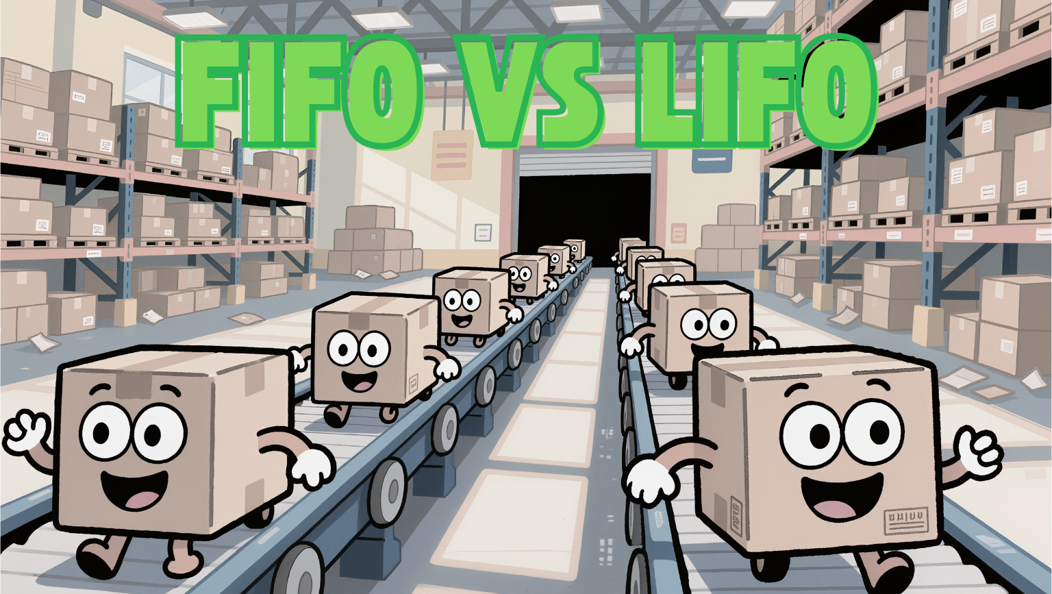 Cartoon boxes moving on a warehouse conveyor belt representing FIFO vs LIFO inventory accounting methods for small businesses.